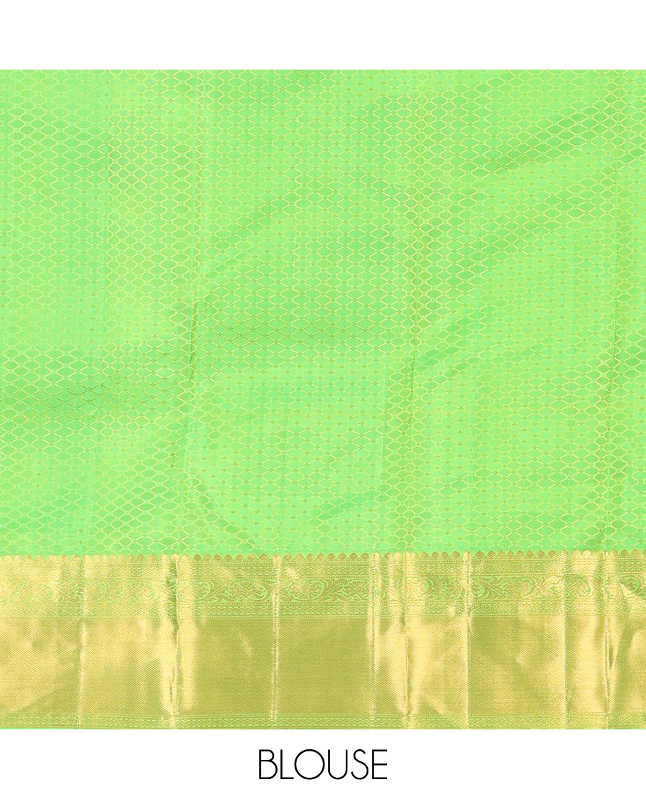 Green Kanchipuram Wedding Silk Saree, Artfully Detailed with Jacquard Designs on Its Body, Highlighted by a Zari Border of Thilakam, Rettai Neli, and Kodi Visiry Designs, Gracefully Embellished Pallu, and Paired with a Matching Blouse