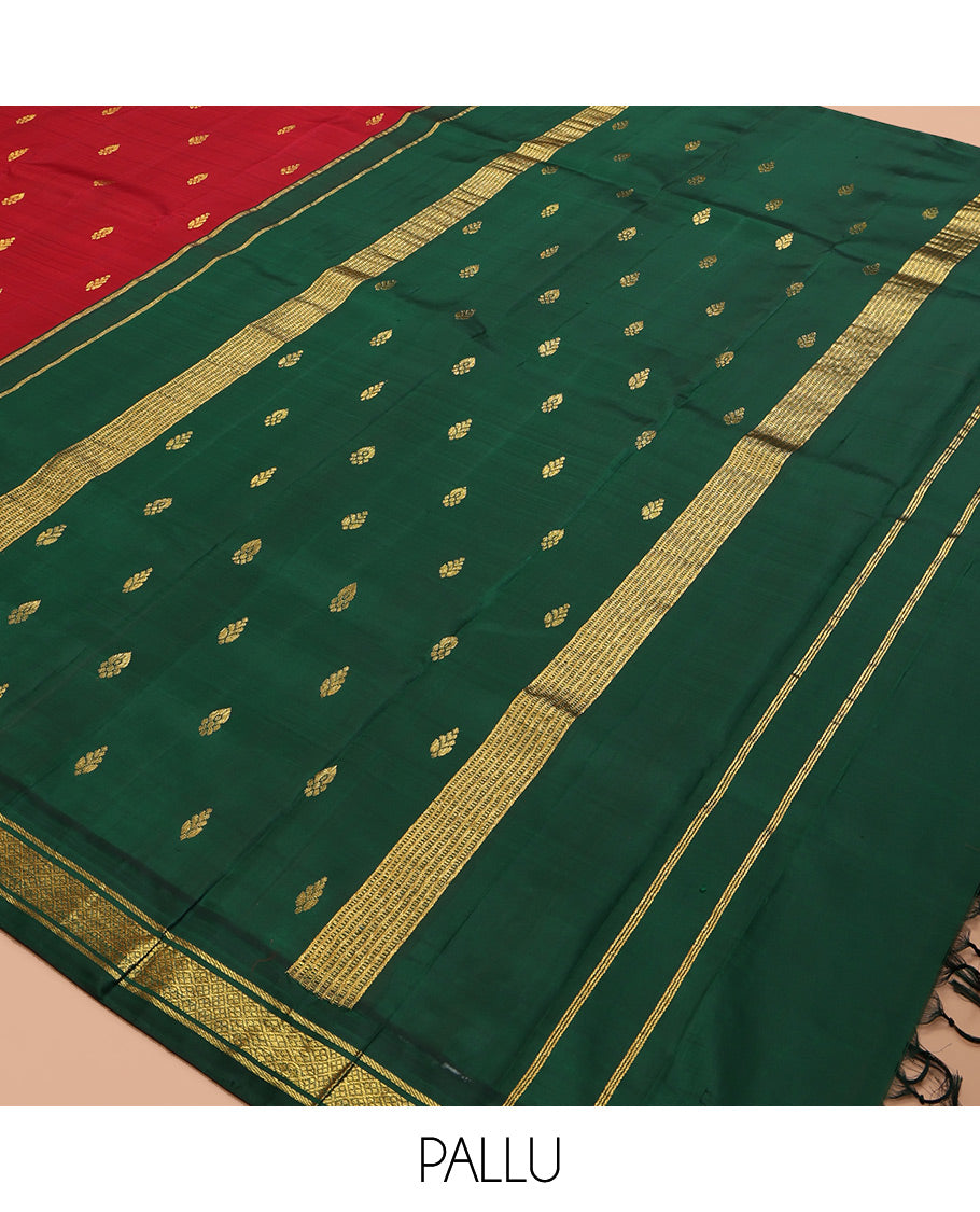 Red Kanchipuram Silk Saree, Woven with Zari Buttas, a Contrast Korvai One-Sided Border of Banaras, and Jaal Designs, Zari Design Pallu, and No Blouse