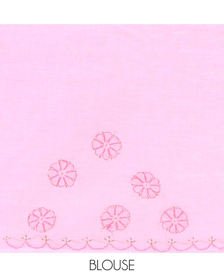 Pink floral embroidery lucknowi chikankari cotton saree,self scallop design border & pallu of floral, paisley embroidery