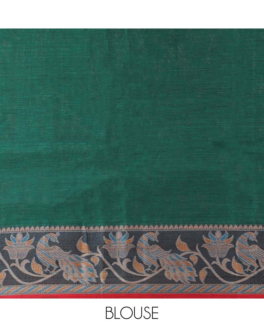 Green plain Narayanapet cotton saree, contrast floral design ganga jamuna border & striped pallu