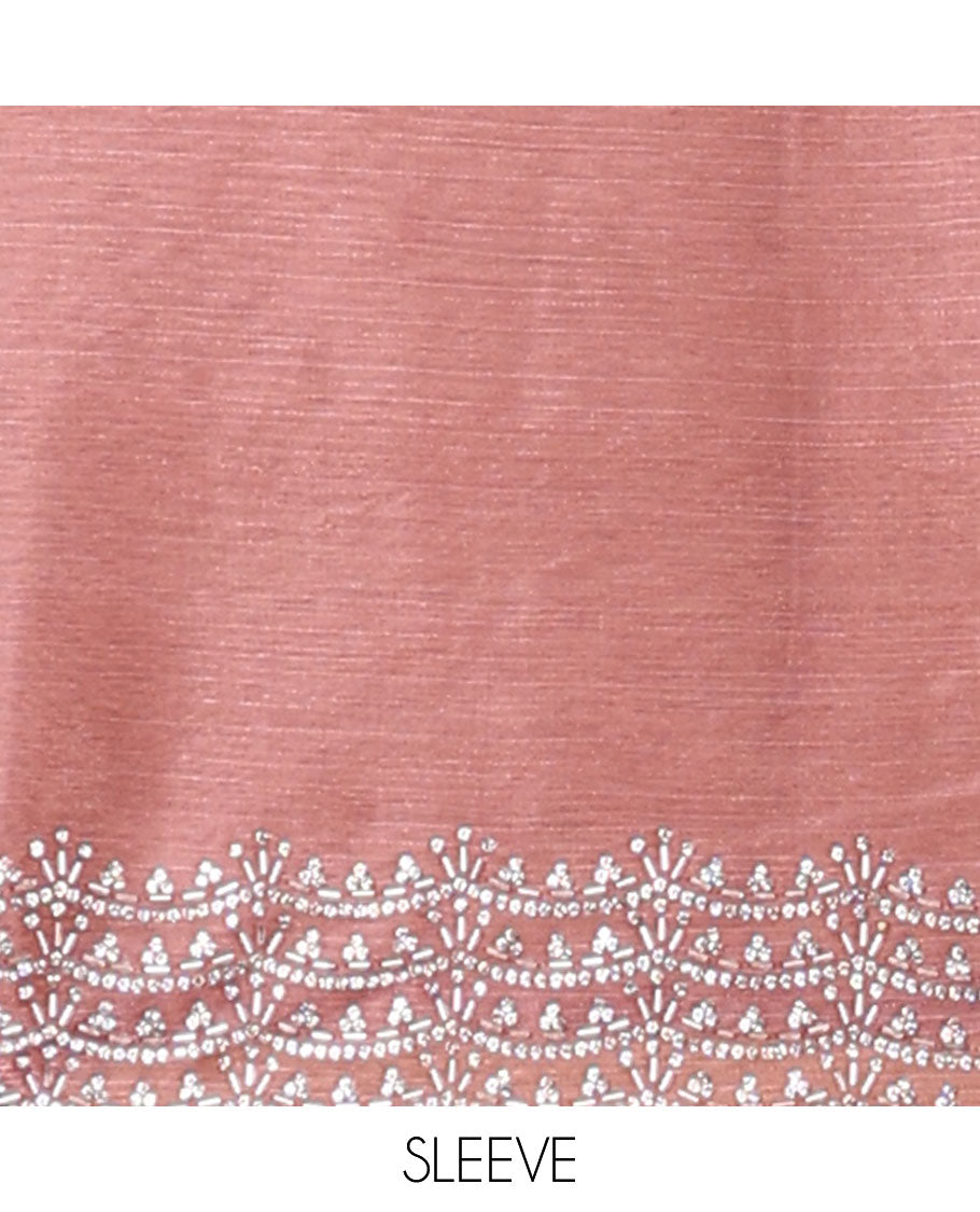 Pink all-over stone work burburry chiffion saree with self cutthana stone work border