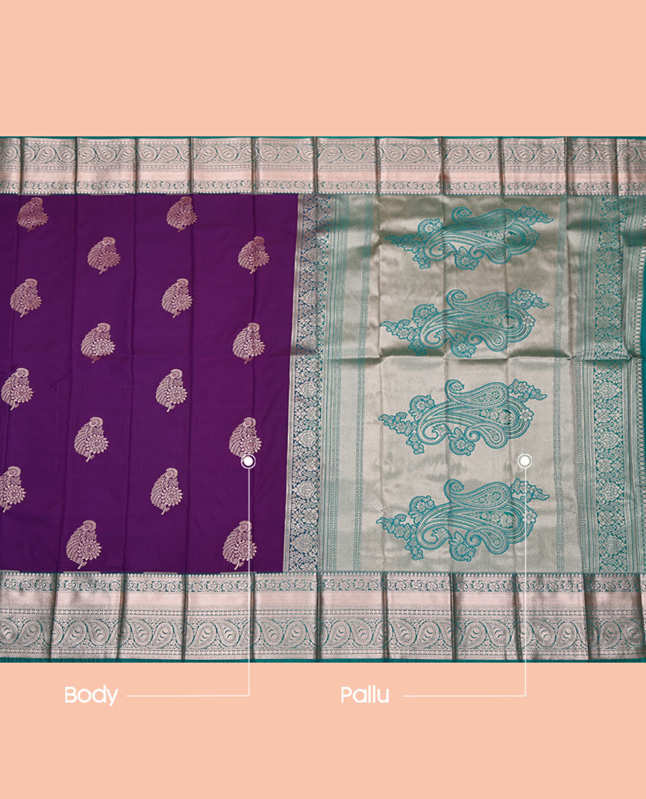 Purple Budget Silk Saree, Mesmerized with Zari Buttas, Complemented by a Contrast Traditional Zari Border, Pallu of Paisleys, and a Contrast Blouse