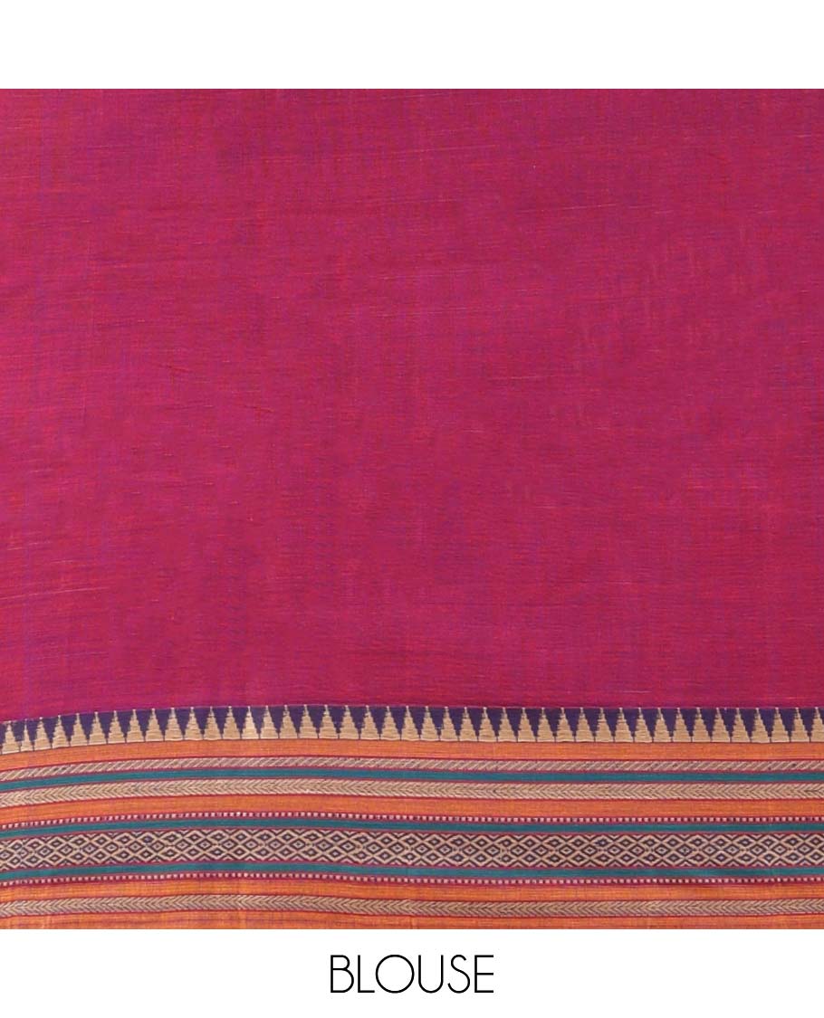 Red plain Narayanapet cotton saree, contrast traditional design border & striped pallu