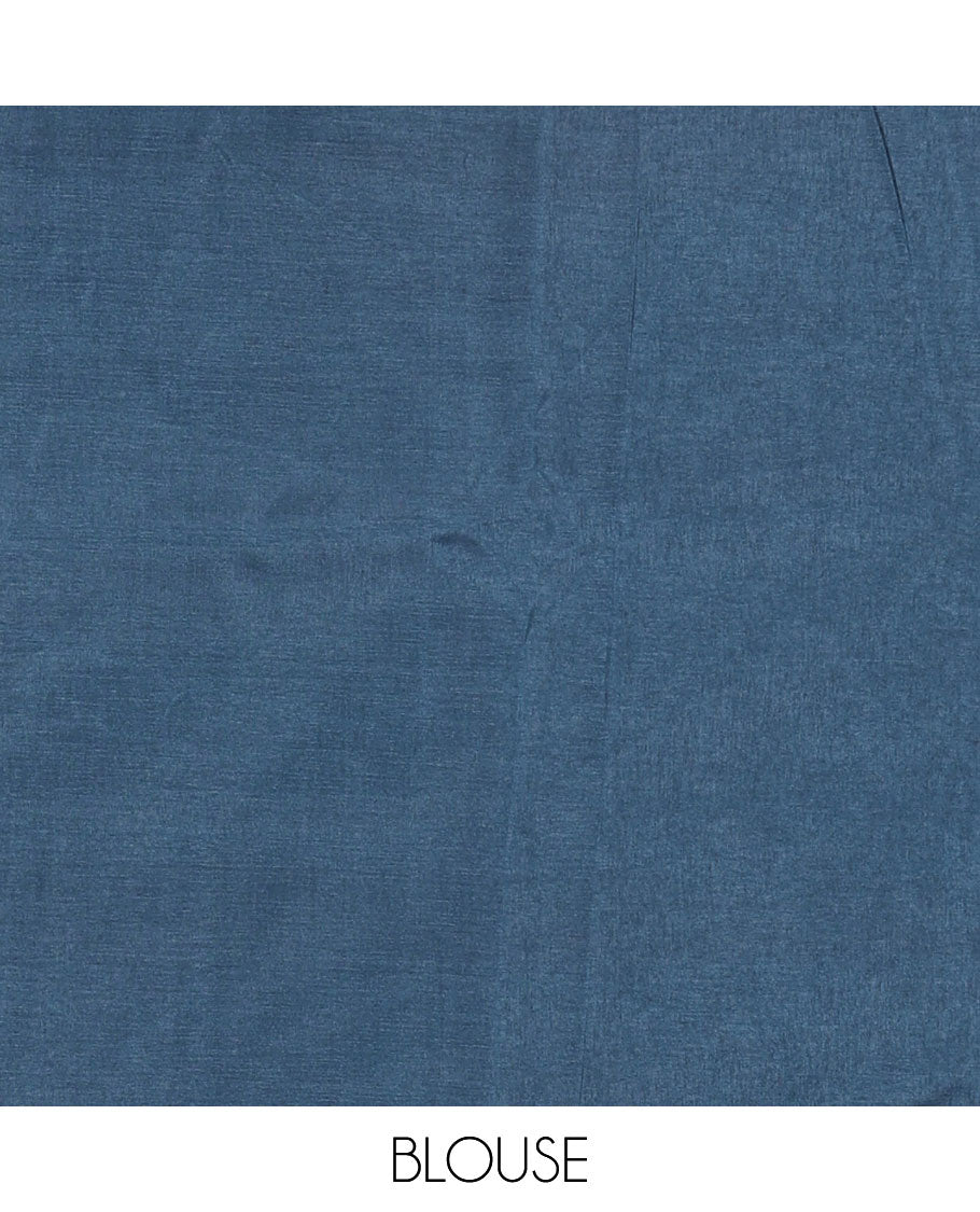 Borderless blue shibori printed with shell motifs, blockprinted Manipur tussar saree, shibori printed pallu, and a plain matching blouse