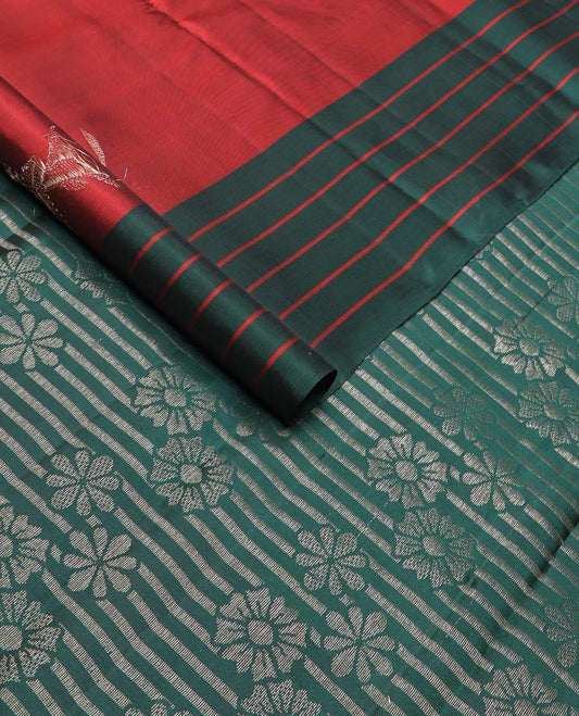 Red zari buttas silk mix saree, contrast striped border & pallu features stripes & floral designs