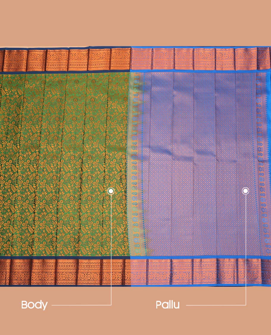 Green Budget Silk Saree, Styled with Floral Jacquard Design, Complemented by Contrast Traditional Zari Border, a Jaal Pallu and a Contrast Blouse