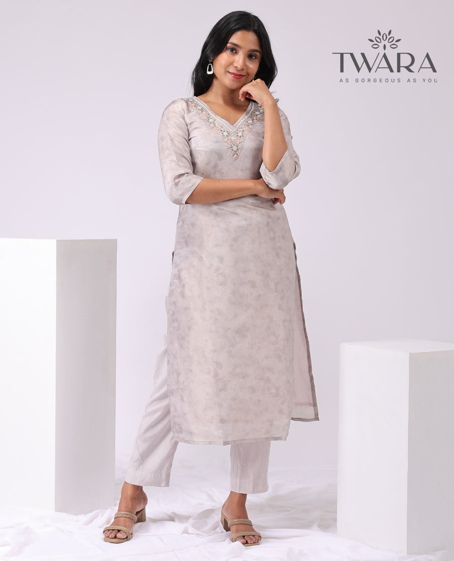 Twara cream floral embroidered v neck , 3/4 th sleeve , below knee lenght kurti with straign pants & floral design dupatta