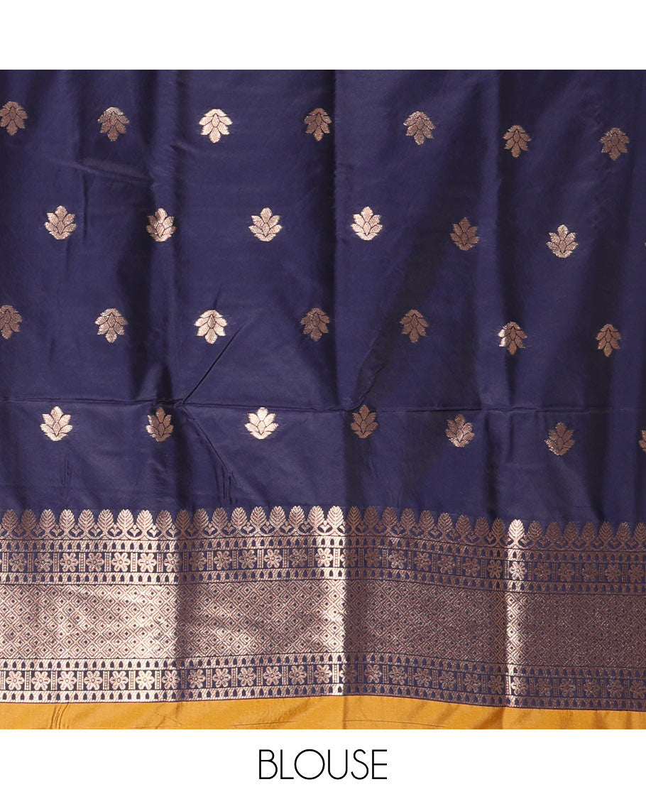 Borderless mustard chakra buttas enclosed, checked elite soft silk saree, contrast ogee patterned pallu, and contrast zari design blouse