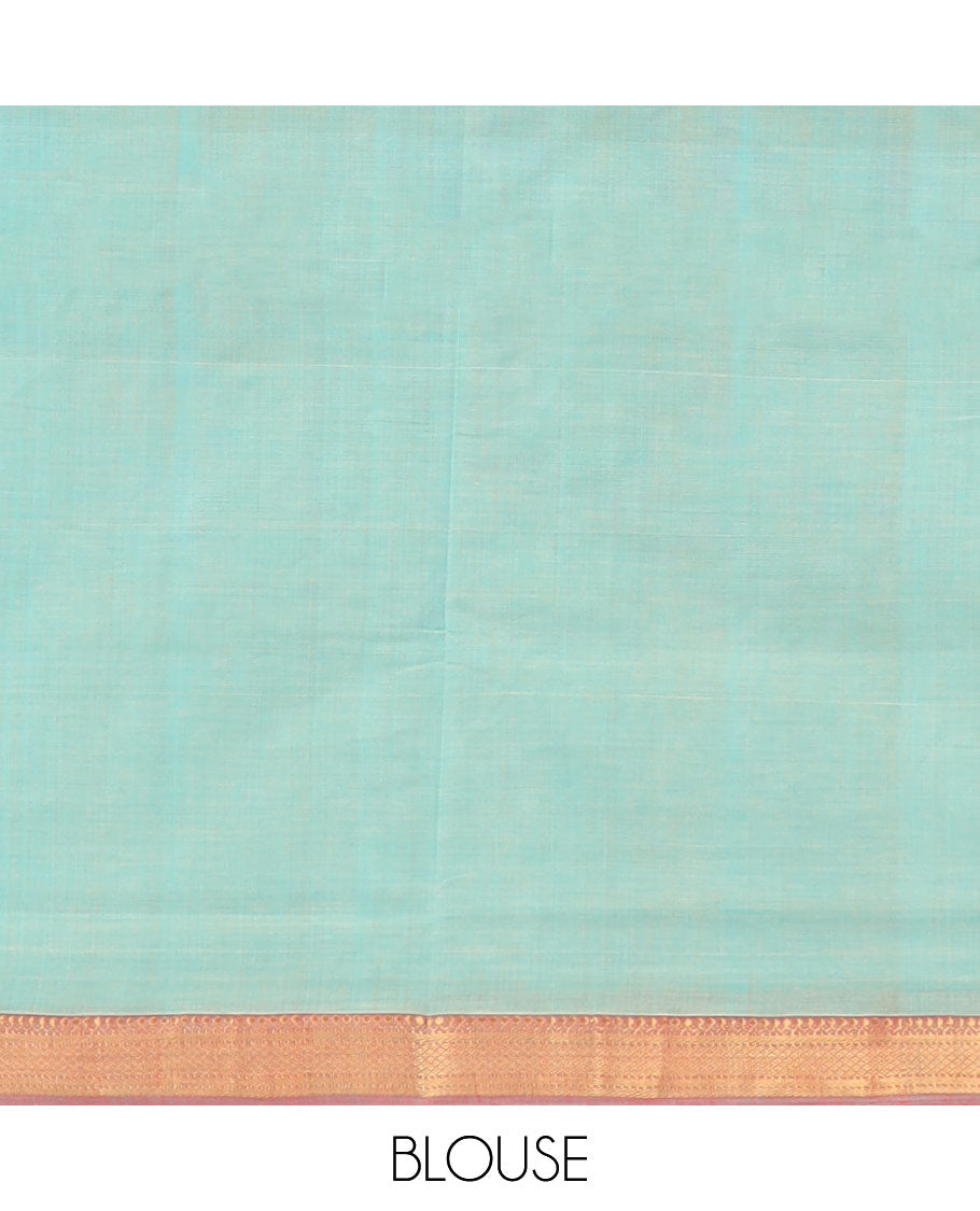Blue plain mangalagiri cotton saree contrast temple border & striped pallu