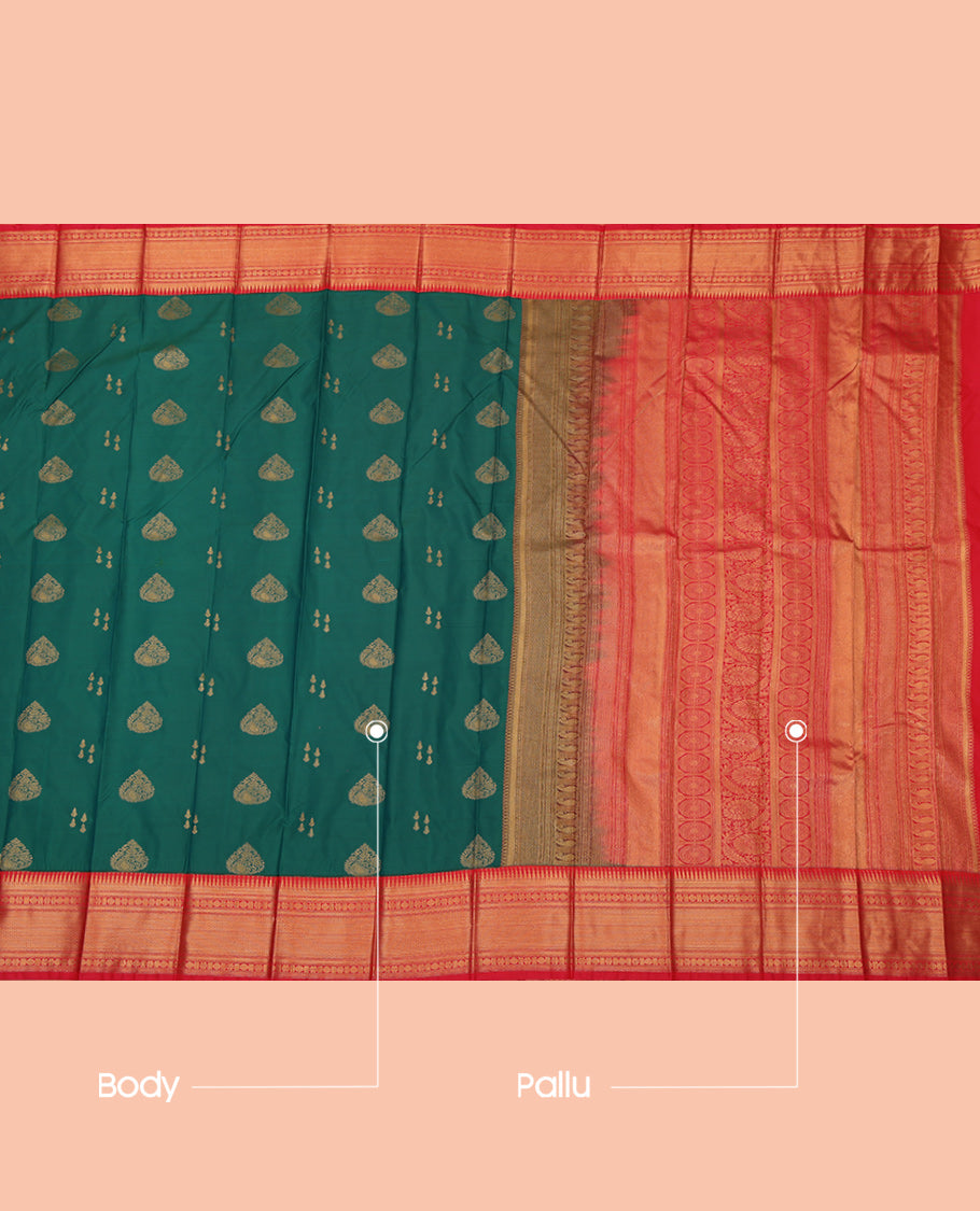 Green Budget Silk Saree, Woven with Zari Buttas, a Contrast Traditional Rettai Pettu Border, Intricate Pallu, and a Contrast Blouse