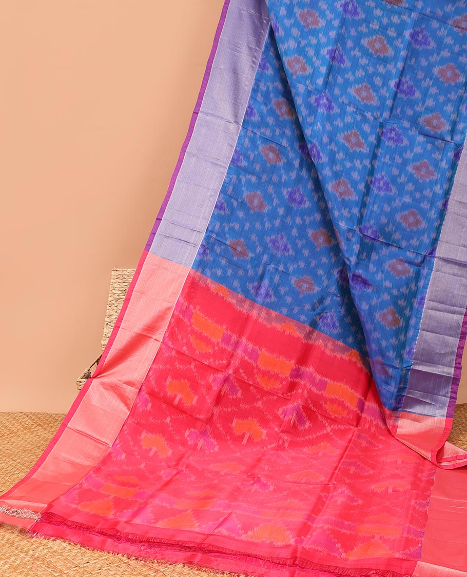 Blue ikkat argyle semi-uppada saree with contrast zari border & intricate ikkat design pallu