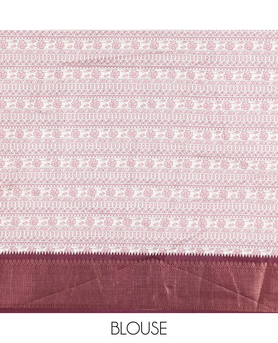 Cream and wine Madhubani village theme characters printed soft tussar saree, contrast traditional zari border, Madhubani printed pallu, and a matching blouse