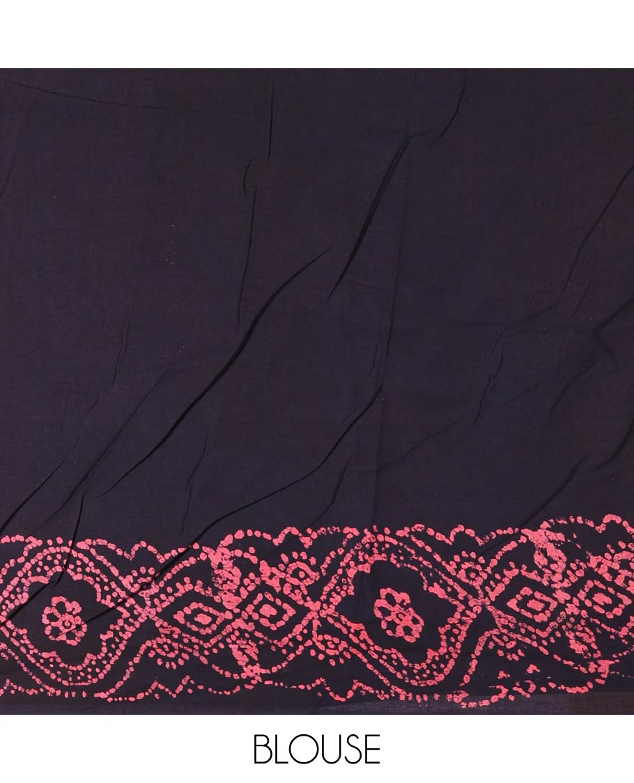 Ink blue batik geometric printed pure cotton saree, zari piping border, human figurines batik printed pallu, and a matching batik printed blouse