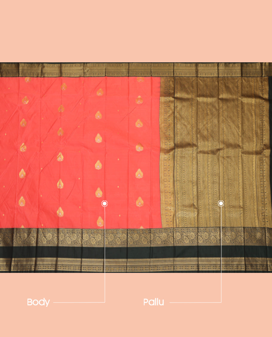 Peach Budget Silk Saree, Bedecked with Zari Buttas, a Contrast Rettai Pettu Zari Border, a Grand Pallu and a Contrast Blouse