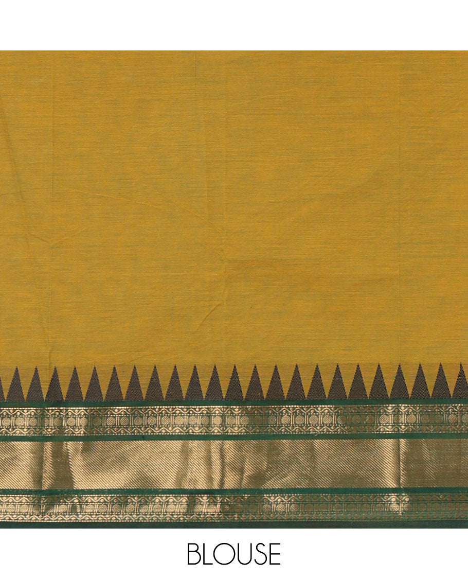 Mehendi green plain Chettinad cotton saree, contrast temple traditional zari design border, striped pallu & matching plain zari border blouse