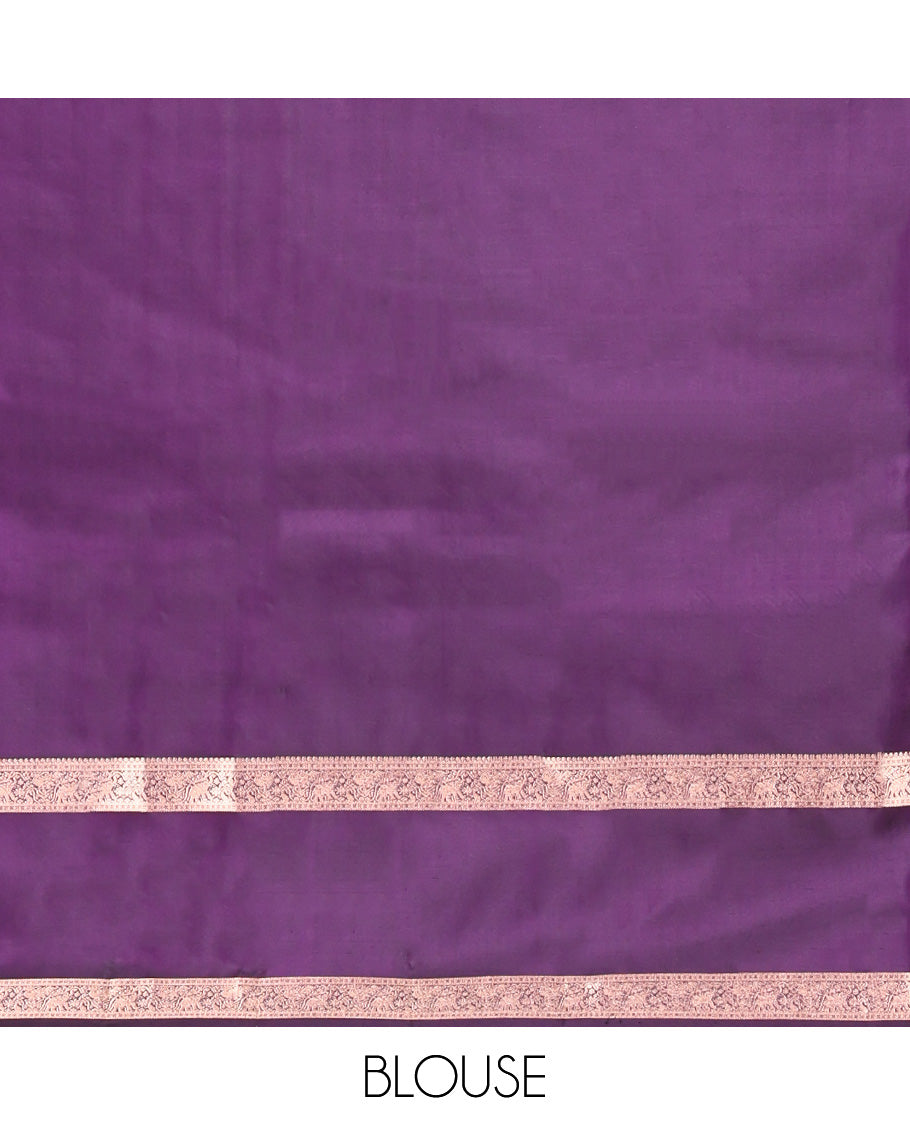 Purple Vasundhara Silk Saree, Decorated with a Zari Checked Design, Highlighted by a Zari Rettai Pettu Border of Yaanai Designs, Jaal Pallu, and a Matching Blouse