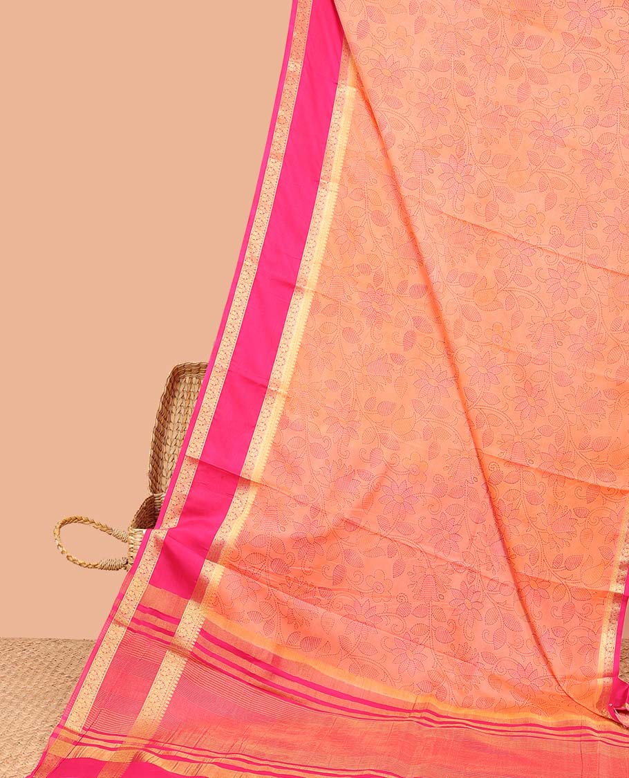 Orange madhubani-style floral vine semi-banaras printed saree, contrast traditional design border & striped pallu