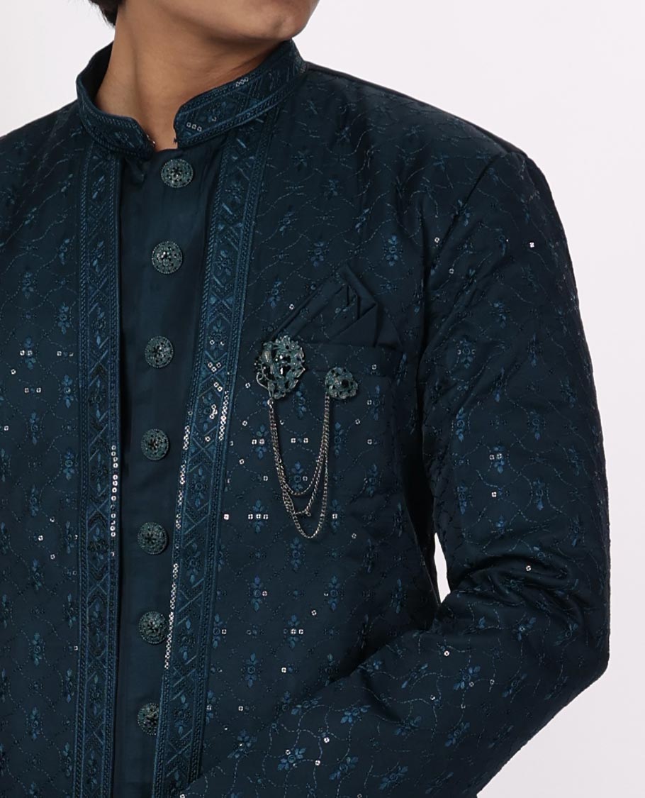 Dark blue floral thread embroidery with sequins work mandarin collar & full-sleeve long raw silk kurta