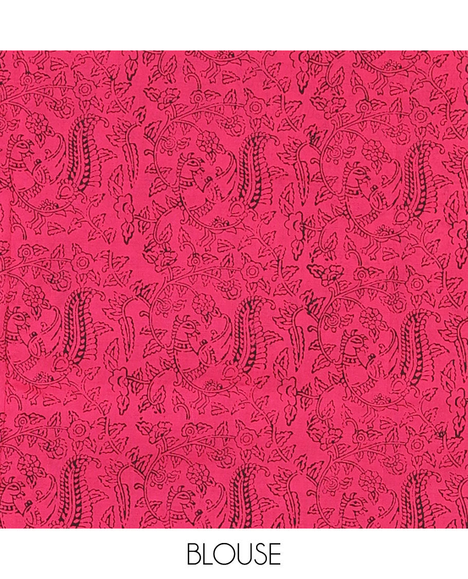 Borderless black kolam and kathakali motifs printed South cotton saree with a matching blouse, and a contrast floral-peacock vine printed blouse