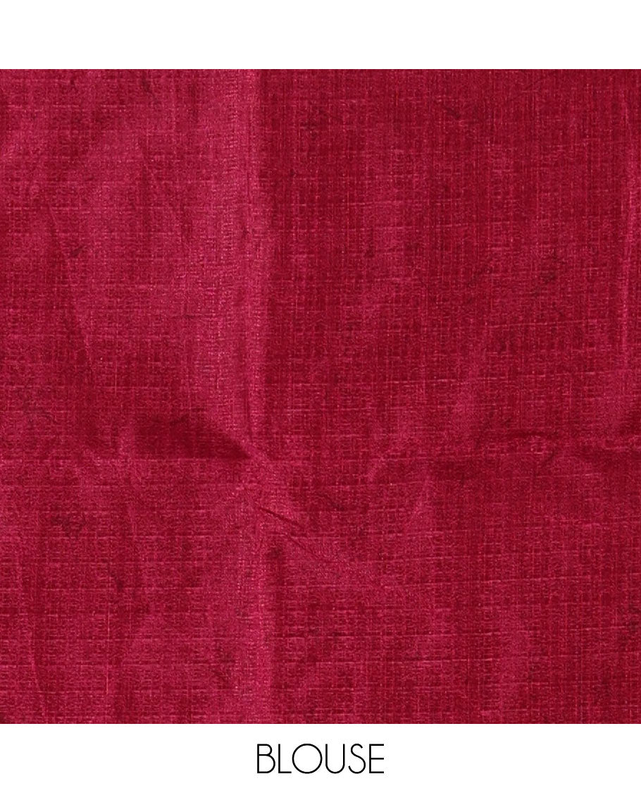 Borderless red batik-style abstract vines printed khadi cotton saree, matching plain blouse