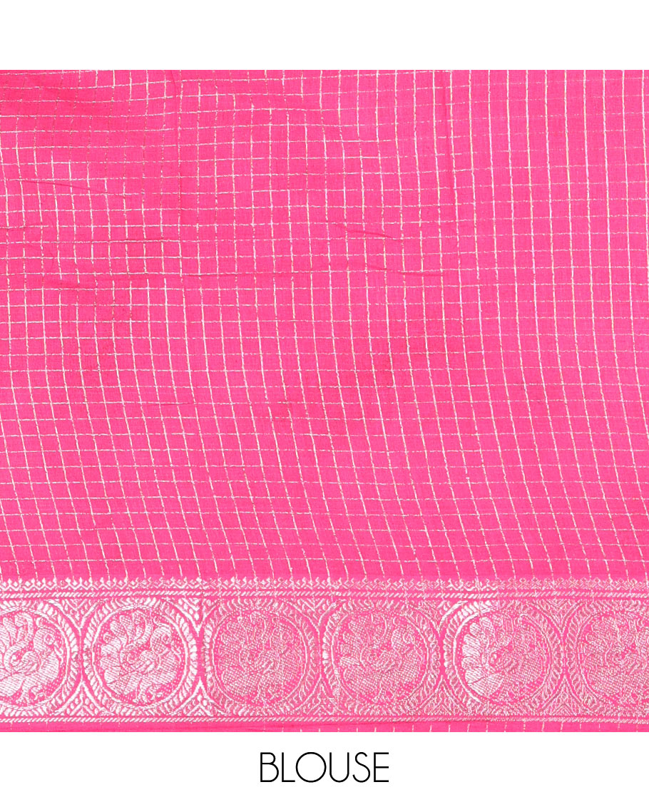 Maroon and pink checked sungudi cotton saree, contrast silver zari round peacock border, striped pallu, and a contrast checked blouse