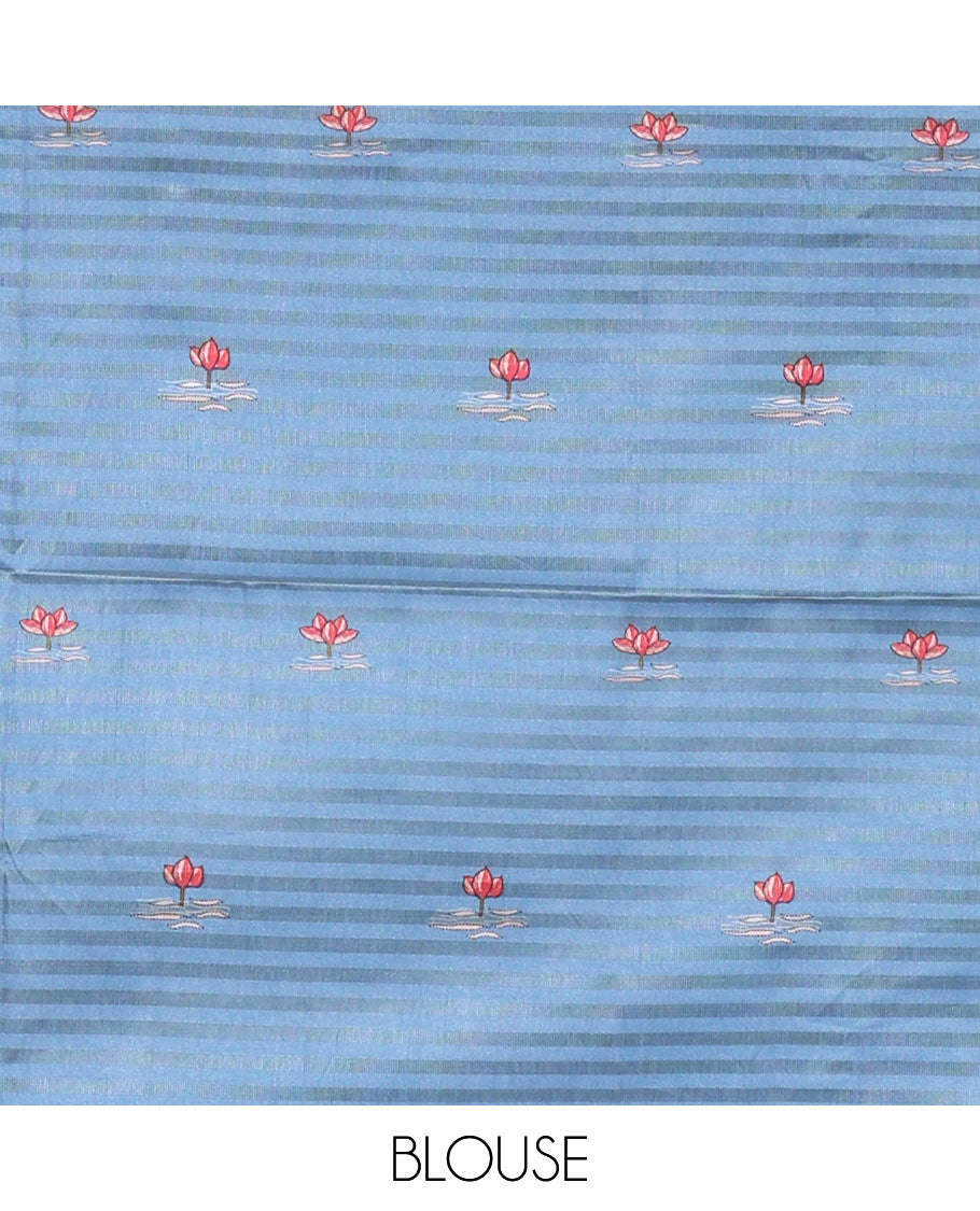 Borderless blue checked & lotus motifs kantha work-style printed fancy tussar saree, painting-style scenery printed pallu & lotus motifs printed blouse