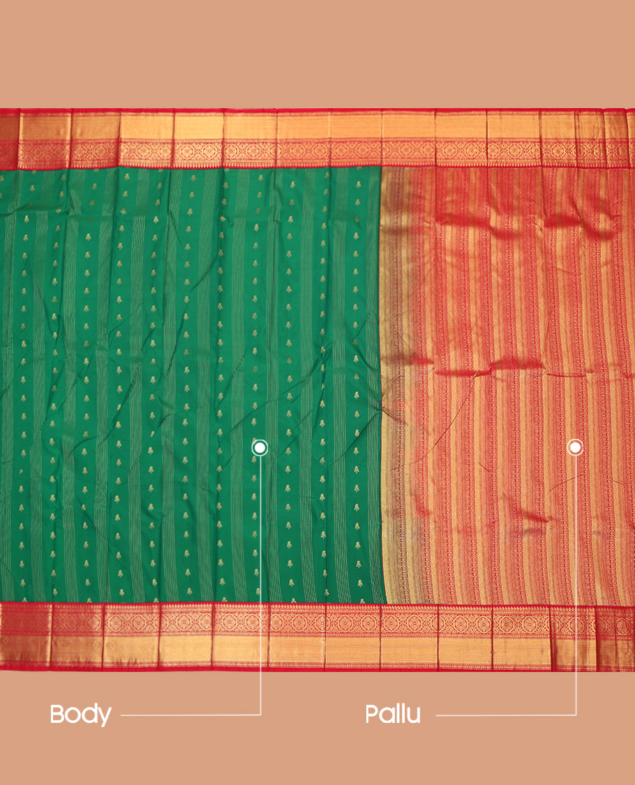 Green Budget Silk Saree, Enthralled with Zari Buttas and Stripes, Complemented by a Contrast Traditional Zari Border, Grand Jaal Pallu, and Contrast Blouse