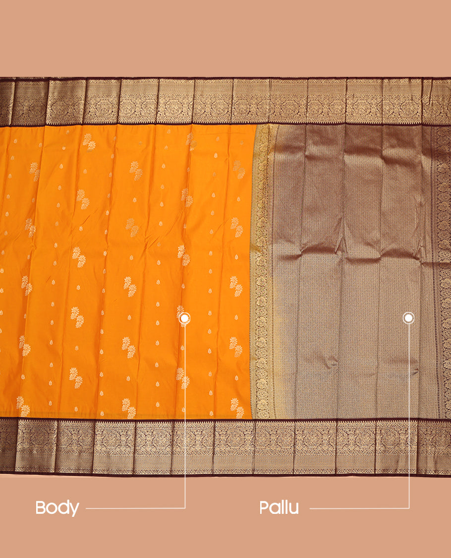 Orange Budget Silk Saree, Woven with Zari Buttas, a Contrast Traditional Zari Border, Grand Pallu, and a Contrast Blouse