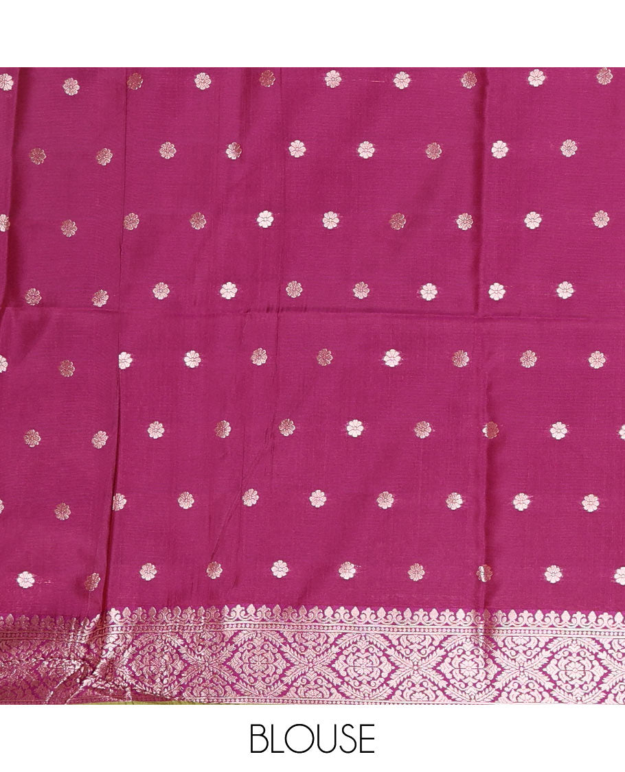 Green-purple floral buttas elite soft silk saree, contrast floral buttas border, and pallu of Mughal-style intricate zari designs