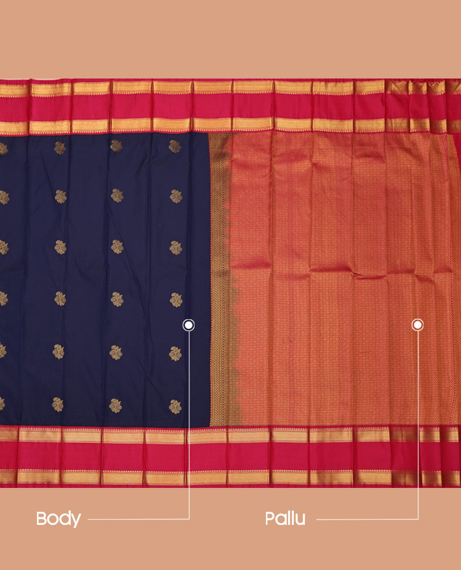 Navy Blue Budget Silk Saree, Detailed with Floral Buttas on Its Body, Complemented by a Contrast Traditional Zari Design Rettai Pettu Border, Pallu of Jaal Designs, and Paired with a Contrast Blouse