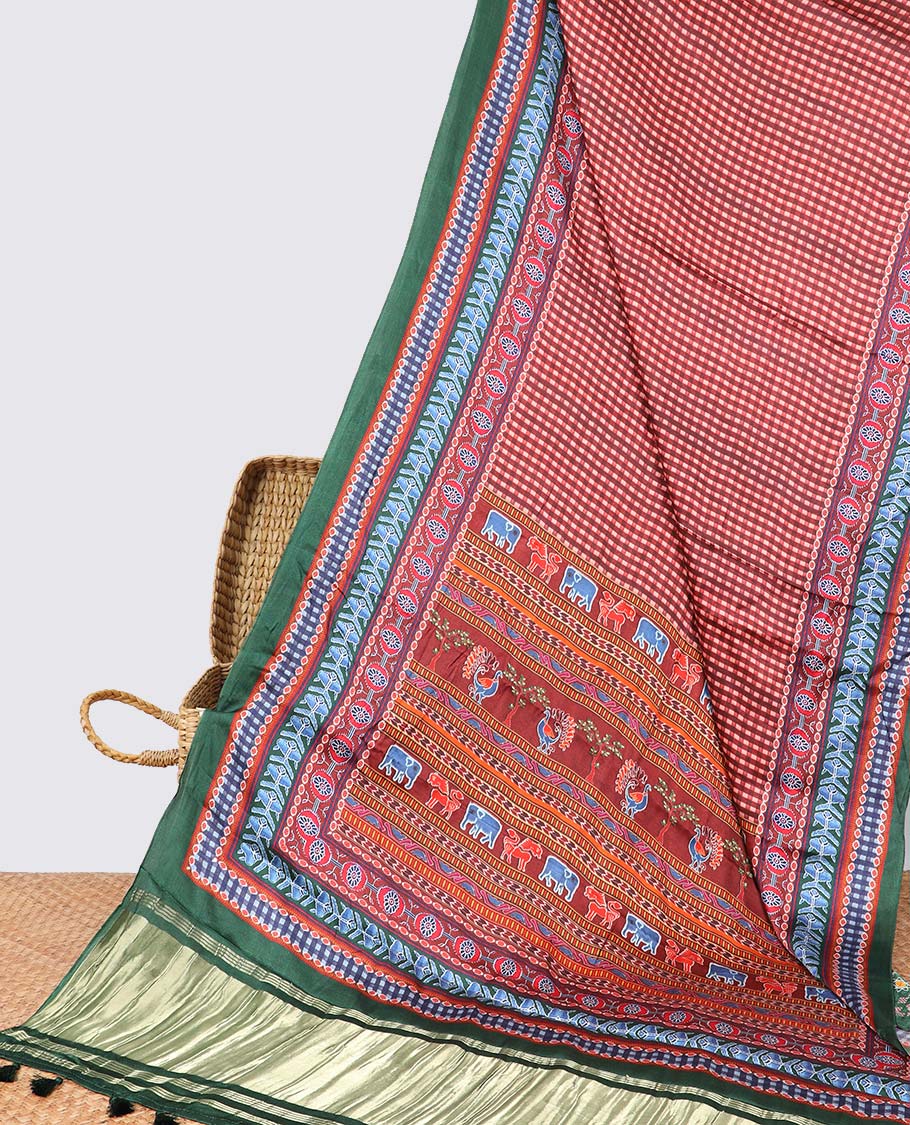Red checked design semi-banaras printed saree with contrast geometric border & animal, geometric design pallu