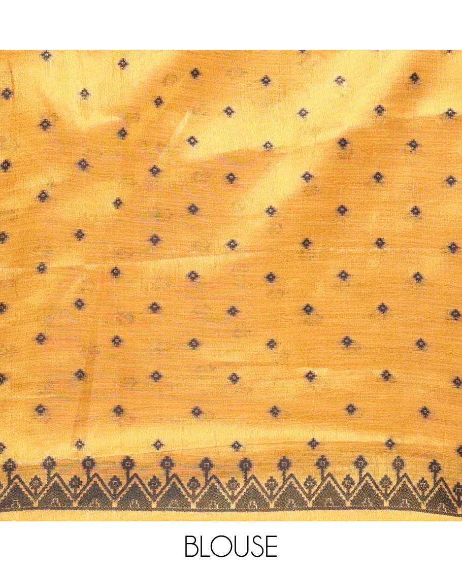 Yellow small butta linen tissue saree with zig zag tample border & rich thread weaving pallu pallu along with butta design blouse