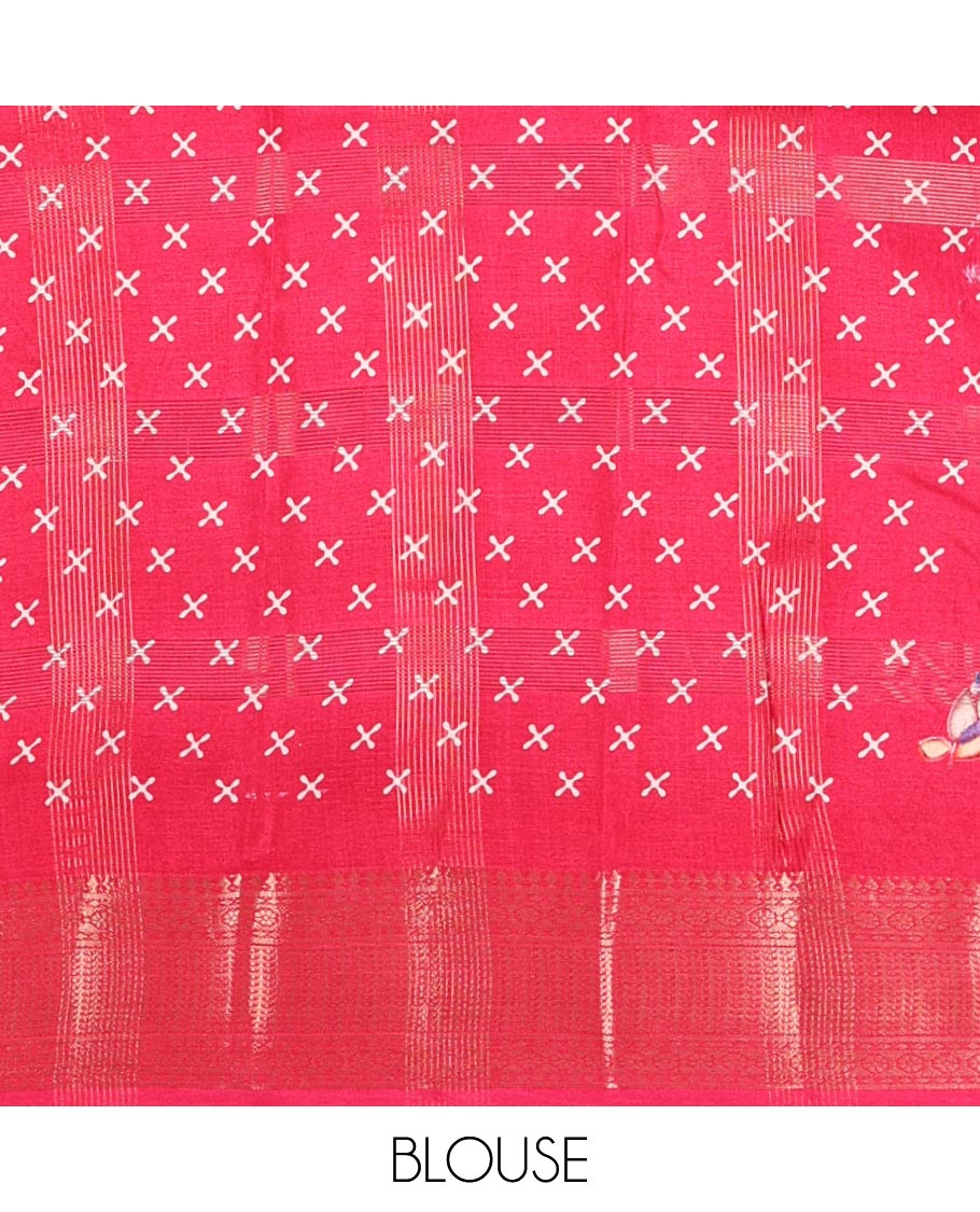 Dark pink zari striped & floral digital printed fancy tussar silk saree traditional zari border, geometric printed pallu & discharge printed blouse