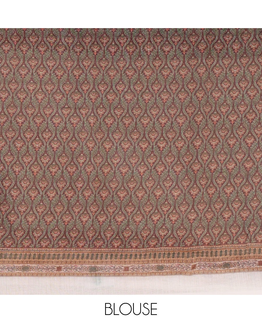 White half-plain & half-printed body linen cotton saree, geometric-patterned border, intricately printed brown pallu & ogee patterns printed blouse