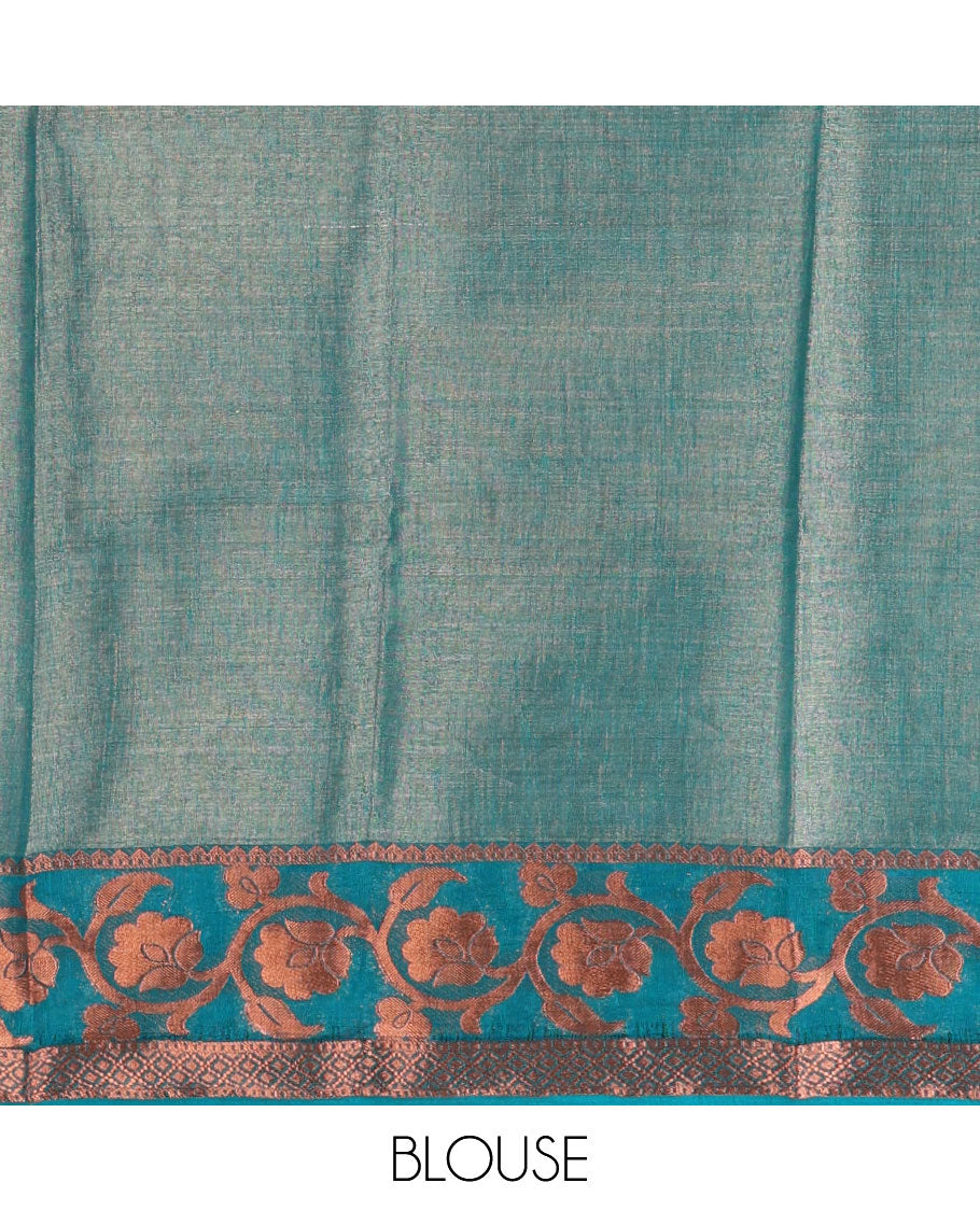 Pink plain tissue saree, contrast floral creeper & diamond patterned zari border, striped pallu & contrast plain blouse