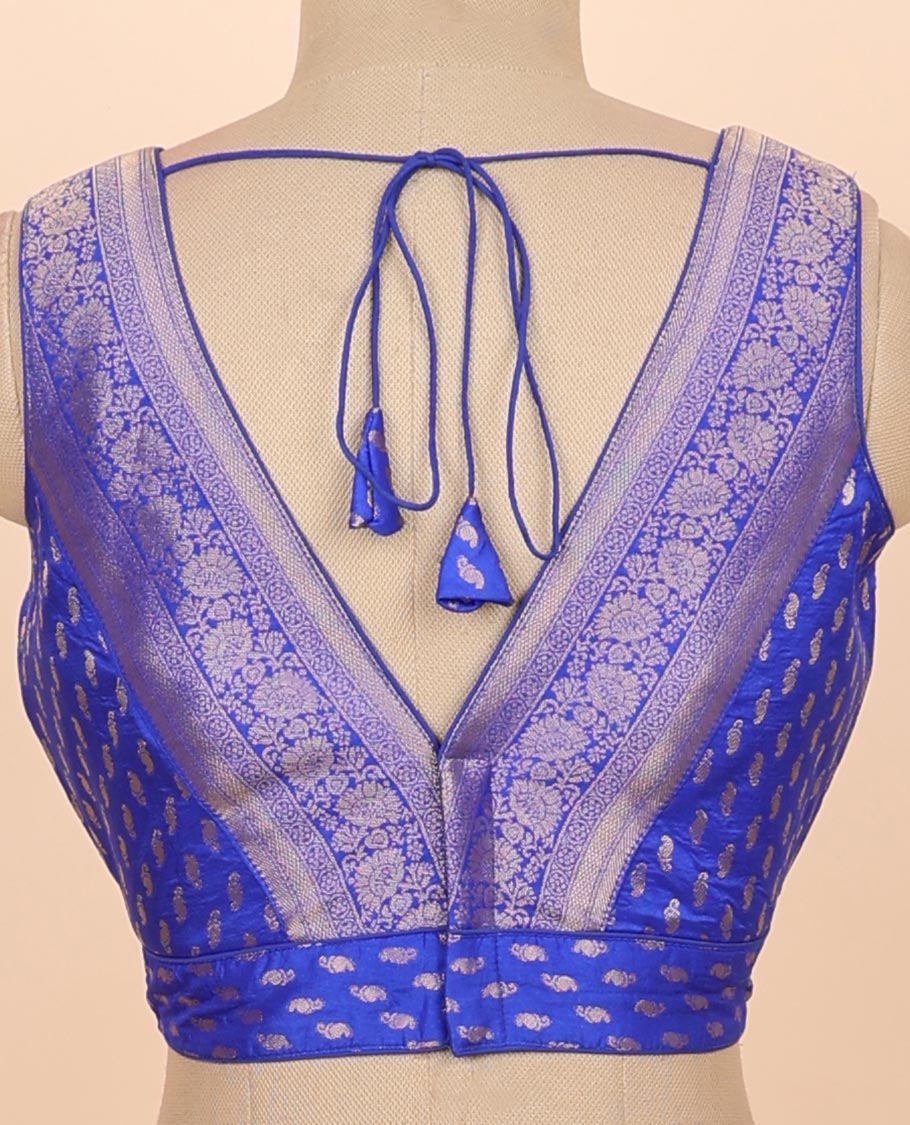 Blue intricate floral zari design front & back deep v-neck raw-silk readymade sleeveless blouse