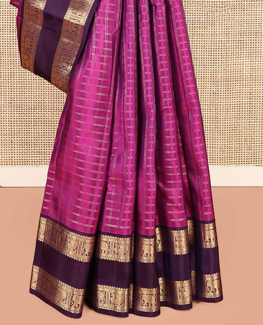 Pink Vasundhara Lite Silk Mix Saree, Woven with Zari Checks, Complemented by a Contrast Rettai Pettu Border of Thilakam Mokku, Yaanai, and Mayil, Jaal Pallu, and a Contrast Blouse