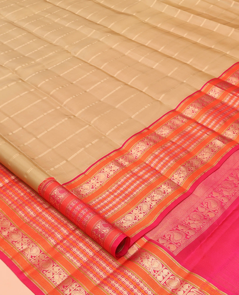 Sandal Vasundhara Lite Silk Mix Saree, Accentuated with Zari Stripes, a Contrast Border of Muthu, Banaras, Mayil Manga, and Poun Designs, Grand Pallu, and a Contrast Blouse