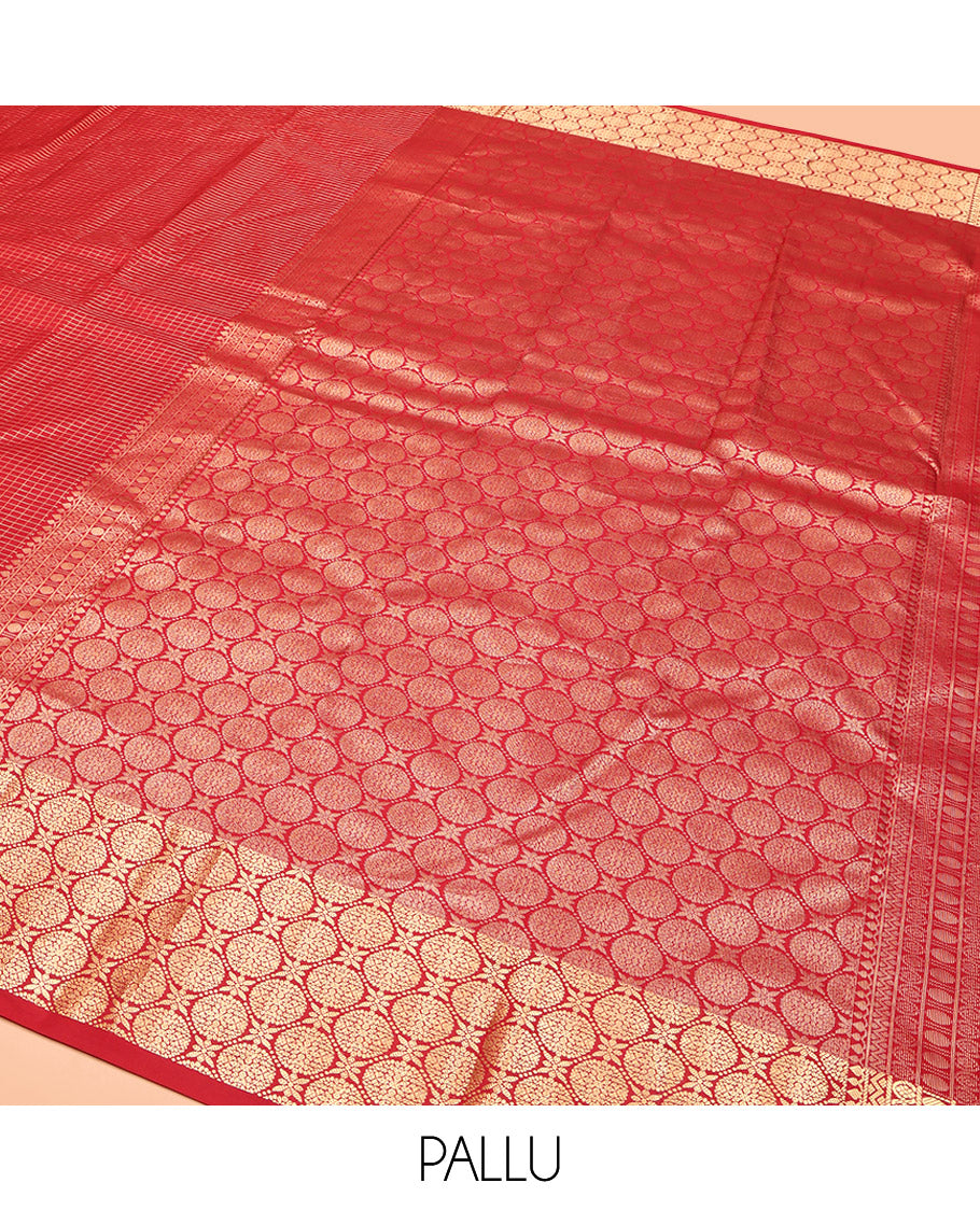 Red Vasundhara Silk Saree, Gleamed Up with Zari Checks, Highlighted by a Traditional Zari Border, Grand Intricate Pallu, and a Matching Blouse