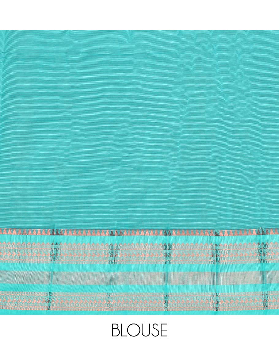 Blue floral motifs kora cotton saree with contrast temple border & floral zari design pallu