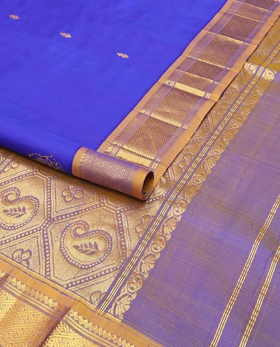 Ink blue buttas kancheepuram silk saree with contrast korvai intricate zari design border & floral design pallu