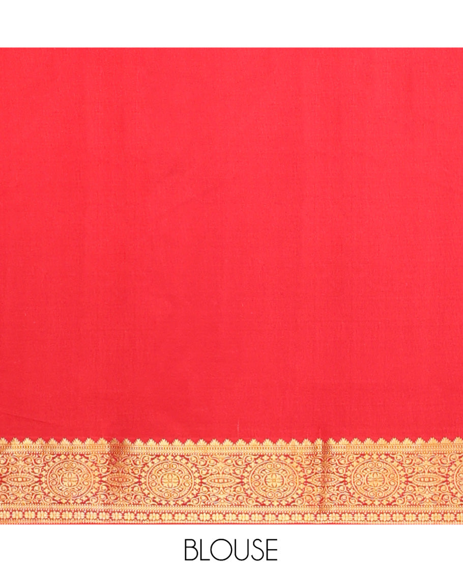 Brown Mysore Silk Saree, Beautified with Geometric Zari Designs All Over Its Body, Complemented by Captivating Contrast Border of Traditional Zari Designs, Gleaming Zari Striped Pallu, and Paired with a Contrast Blouse