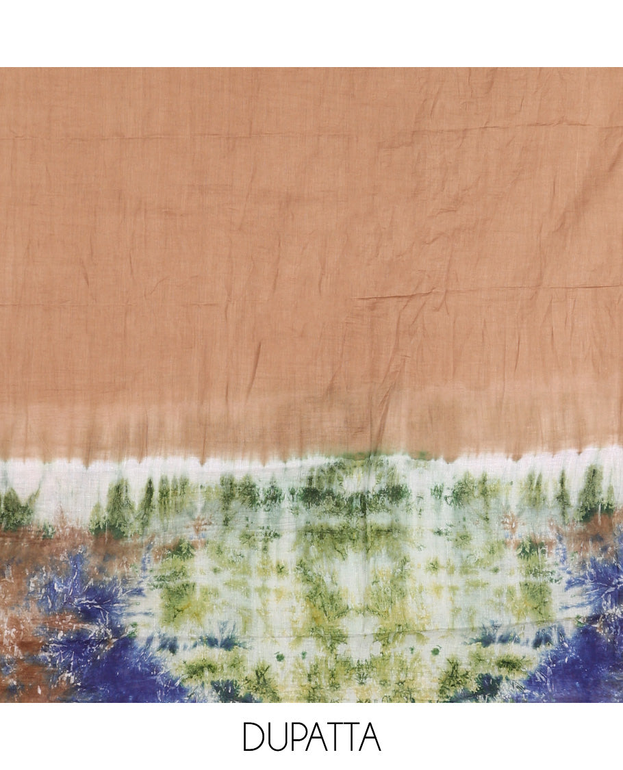Multi-color chudidhar material pure cotton batik print top with cotton pants & double side hand print dupatta