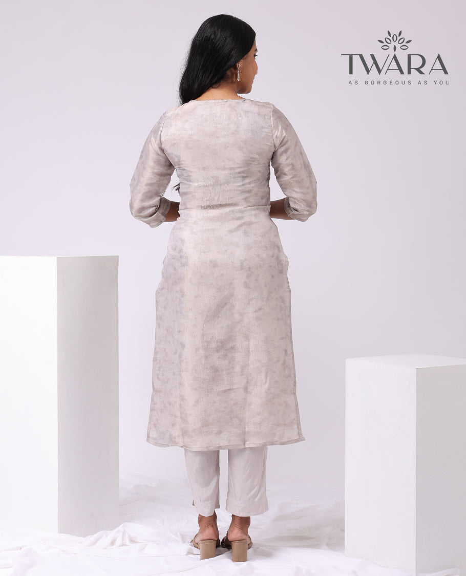 Twara cream floral embroidered v neck , 3/4 th sleeve , below knee lenght kurti with straign pants & floral design dupatta
