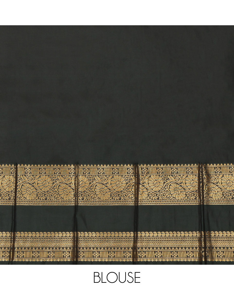 Peach Budget Silk Saree, Bedecked with Zari Buttas, a Contrast Rettai Pettu Zari Border, a Grand Pallu and a Contrast Blouse