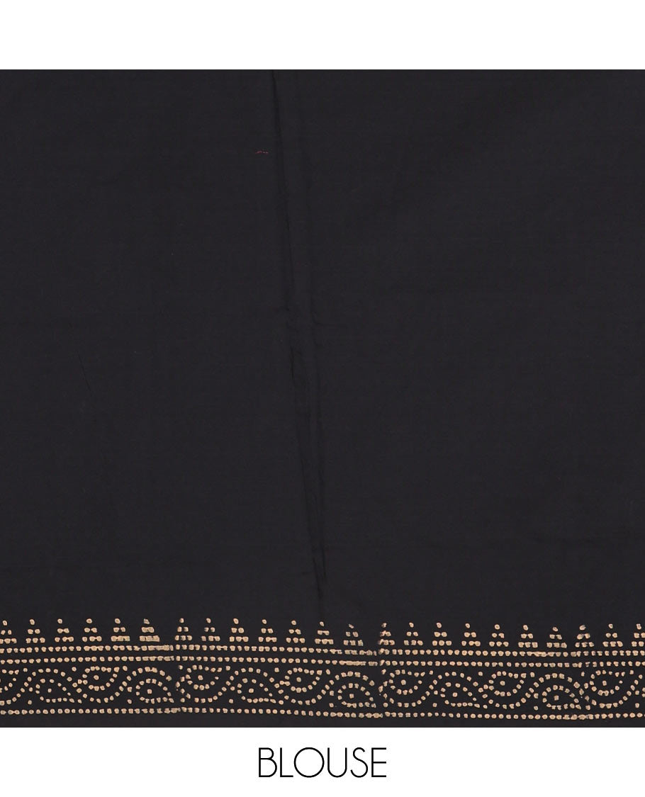 Borderless black kolam and kathakali motifs printed South cotton saree with a matching blouse, and a contrast floral-peacock vine printed blouse