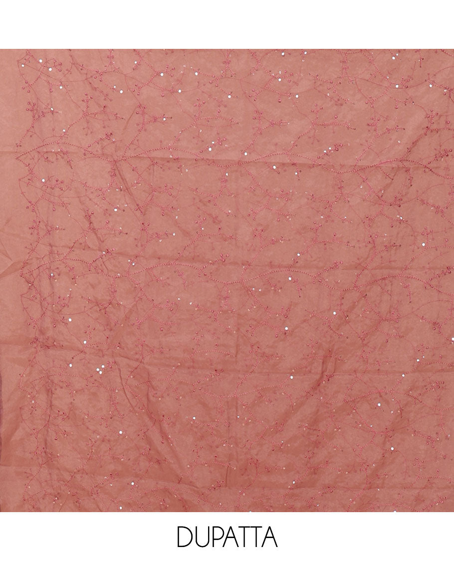 Onion pink material chudidar set, floral printed & outline mixed embroidery organza top,plain bottom & floral vine sequins embroidery dupatta