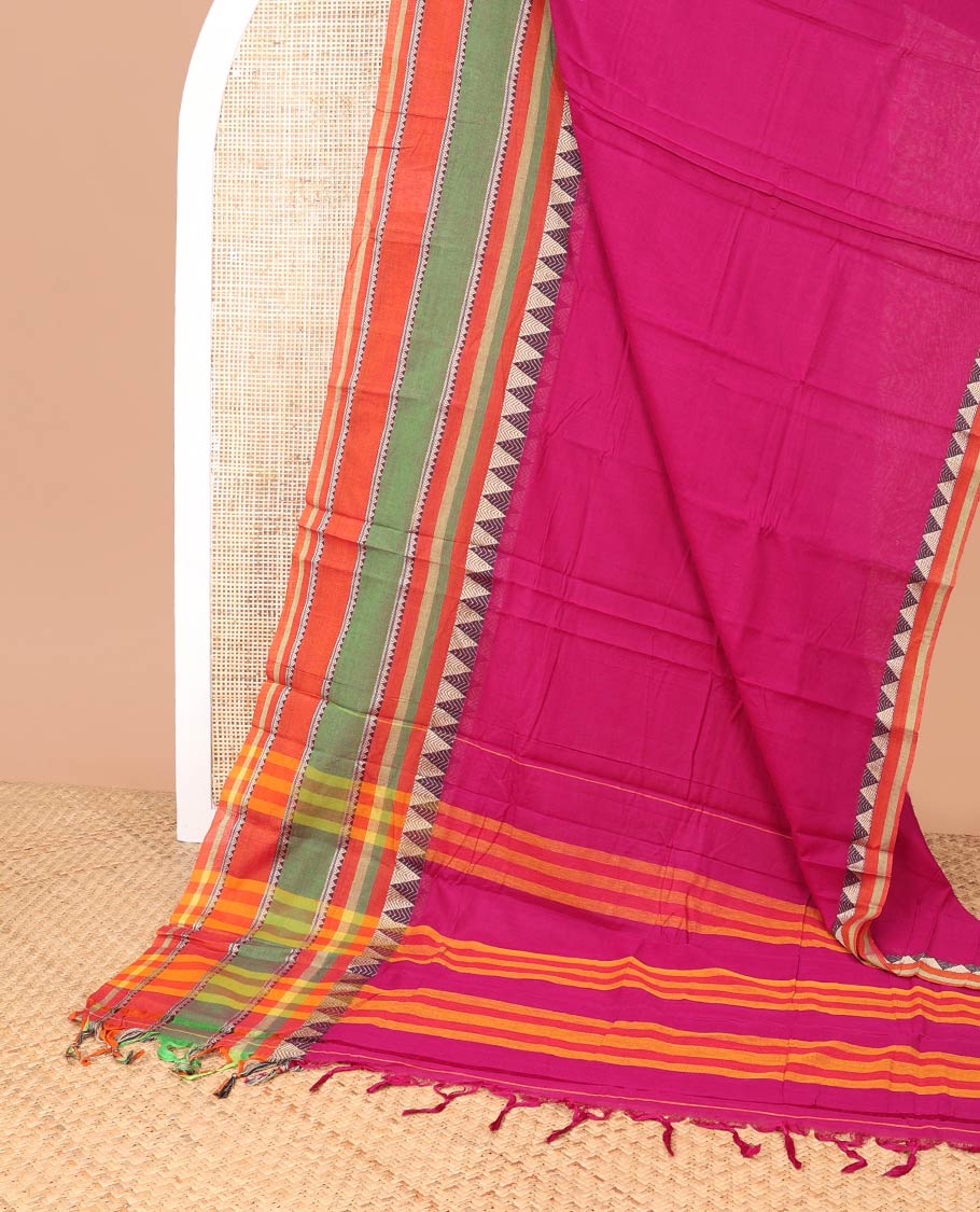 Pink narayanapet cotton saree with contrast temple border & striped pallu