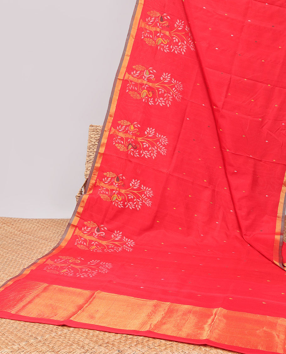 Red buttas uppada silk saree with self tree design border & bavanji design pallu