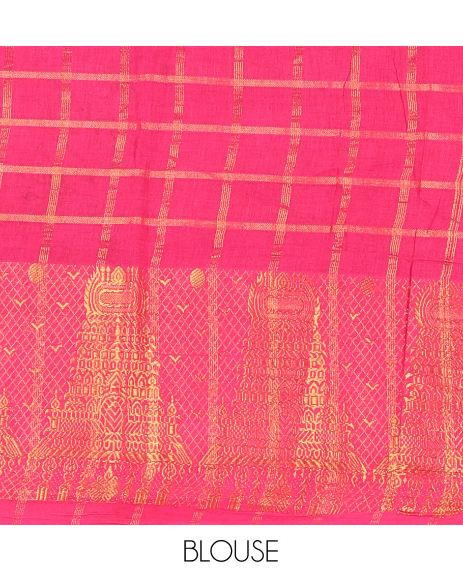 Navy Blue-Rani Pink Sungudi Cotton Half-Saree Features Checked Skirt, Contrast Gopuram Border, Contrast Blouse, and Zari-Bordered Syska Georgette Dhavani